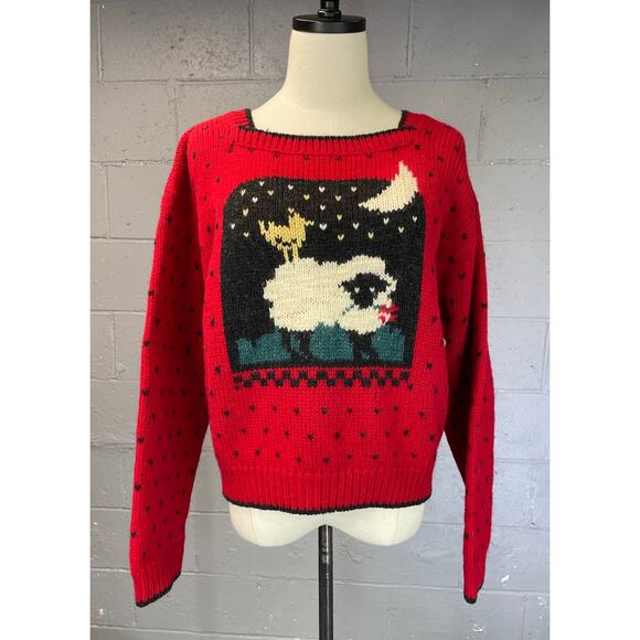 Vintage Woolrich Sheep Moon Novelty Knit Wool Sweater Red Black Medium Large - Picture 3 of 13
